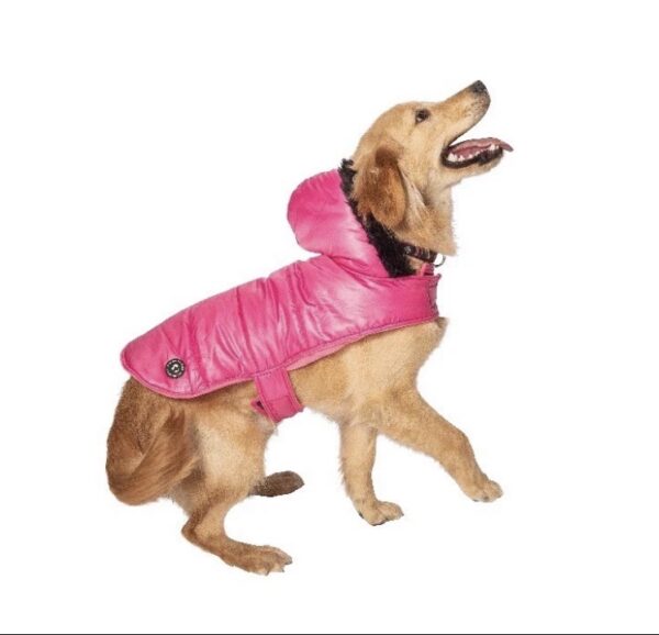 Justice Dog Pet Reversible Hot Pink Puffer Jacket w Black Faux Fur Trim Size S