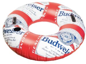 Budweiser Inflatable Swim Tube Adult Ring Float, Built-in Handles & Cup Holder