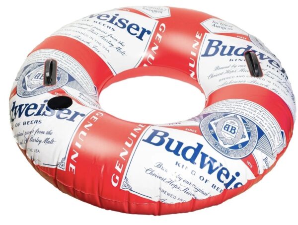 Budweiser Inflatable Swim Tube Adult Ring Float, Built-in Handles & Cup Holder