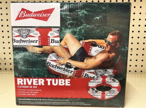 Budweiser Inflatable Swim Tube Adult Ring Float, Built-in Handles & Cup Holder