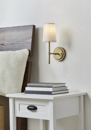 Better Homes & Gardens 1 Light Wall Sconce, Burnished Brass,White Fabric Shade