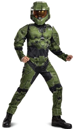 Halo Infinite Master Chief Costume, Kids Size Muscle Padded Video Game Jumpsuit