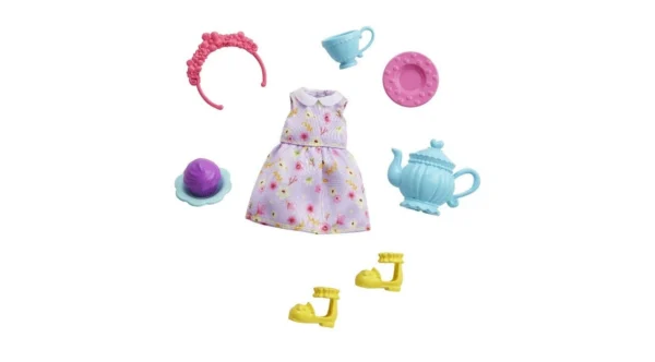 Barbie Chelsea Accessory Pack Tea Party Theme Purple Floral Dress Shoes & 5 PCS