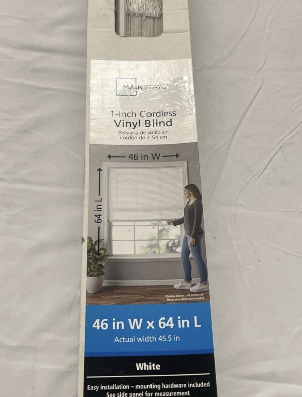 Mainstays Cordless 1" Vinyl Light Filtering Blinds, White, 46" Width x 64" Lengt